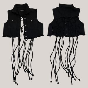 Thrill Black Denim Fringe Vest 1X | Knotted Back, Cropped Streetwear Y2K Revival